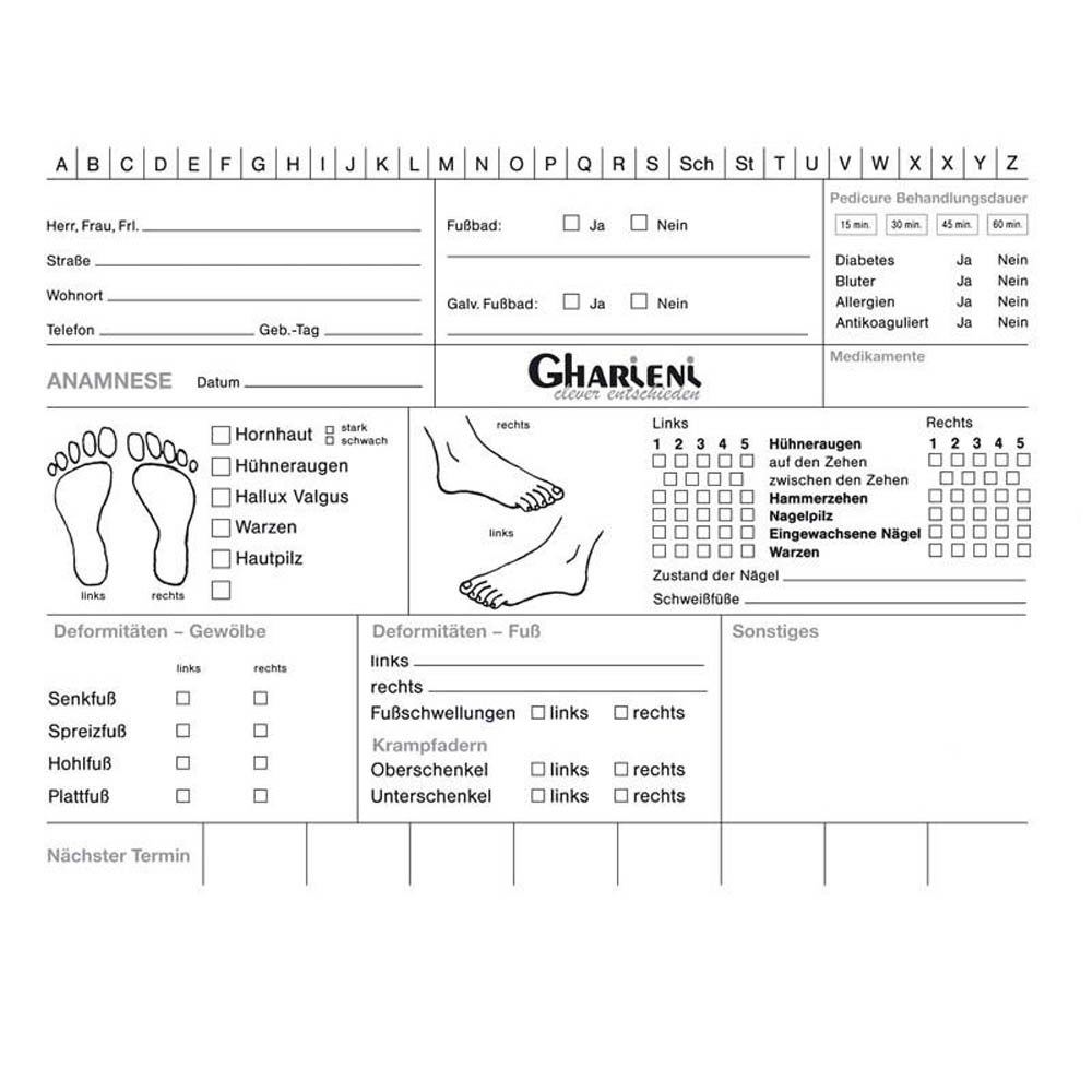 Kundenkarteikarten, Fußpflege, Fußpflegekarten, Fußpflegekarteikarten